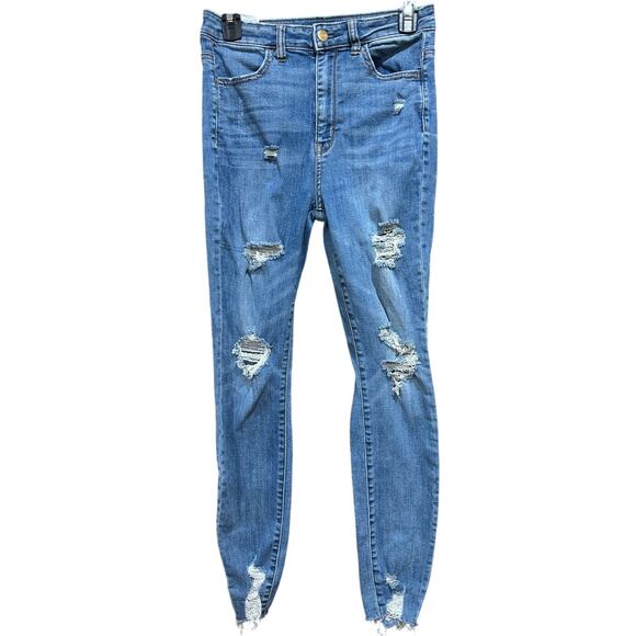 American Eagle Women Ripped Jeans 4 Blue Highest Rise Jegging Stretch Distressed - Picture 1 of 8